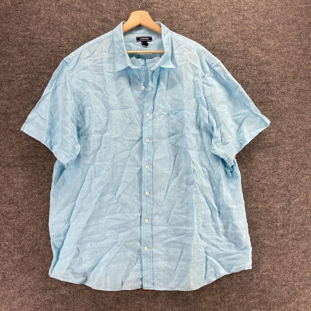 Lands' End Shirt Men 2XL Blue Button Up Collared Linen Short Sleeve Pockets